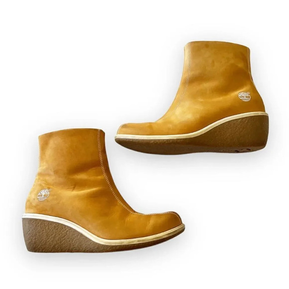 Timberland Women’s Size 7 Suede Nubuck Wedge Ankle Boot Classic Tan‎ Side Zip